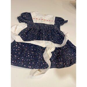 Vintage Girls Blue Floral Dress W/ White Bodice & Red Ribbon Lace Trim Puff Slee